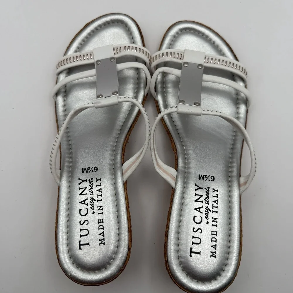 Tuscany by Easy Street Women's Made in Italy Wedge Sandals Sz 6.5 T-Strap White